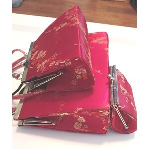 Red Floral Oriental Brocade Clutch Bag Purse Set‎ Women's Coin Bag Gift Set